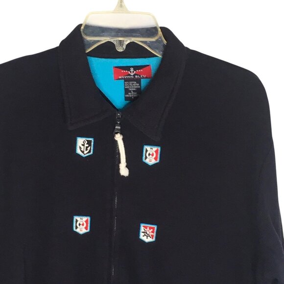Nautical Moving Bleu Sweater Women Large Navy Blue Full Zip Embroidered Cardigan - Picture 3 of 16
